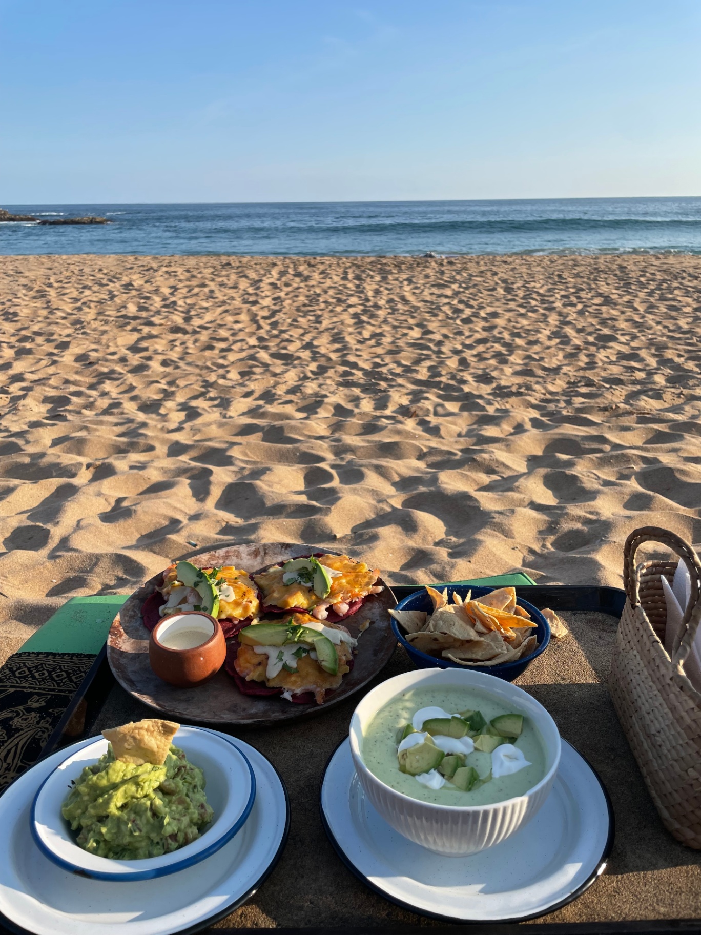 Mexican beach lunch with guacamole and ceviche overlooking the ocean